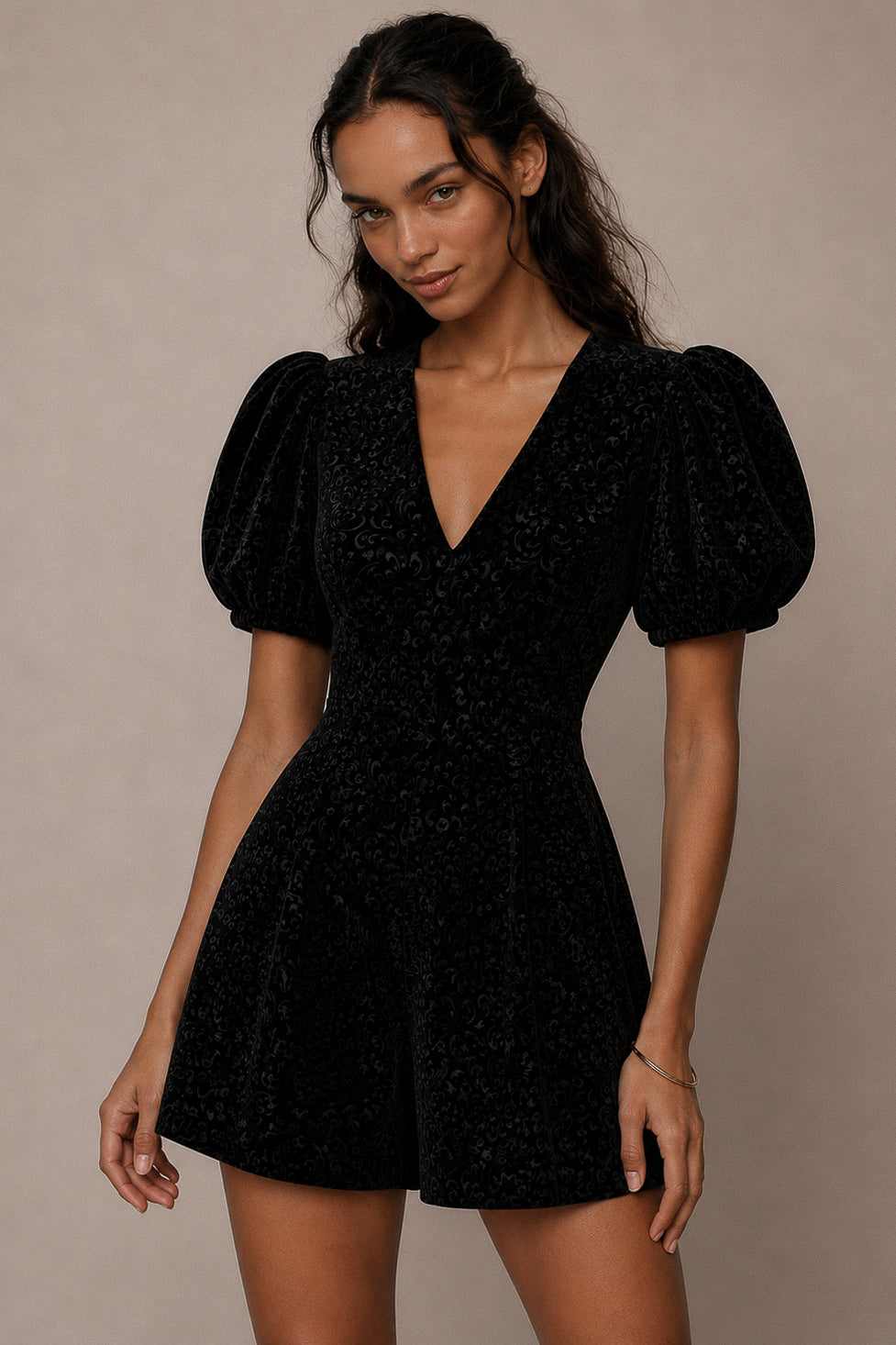 Velvet Romper With Puffed Sleeves